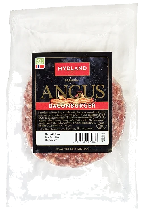 Angusburger med Bacon 165g Frys Mydland
