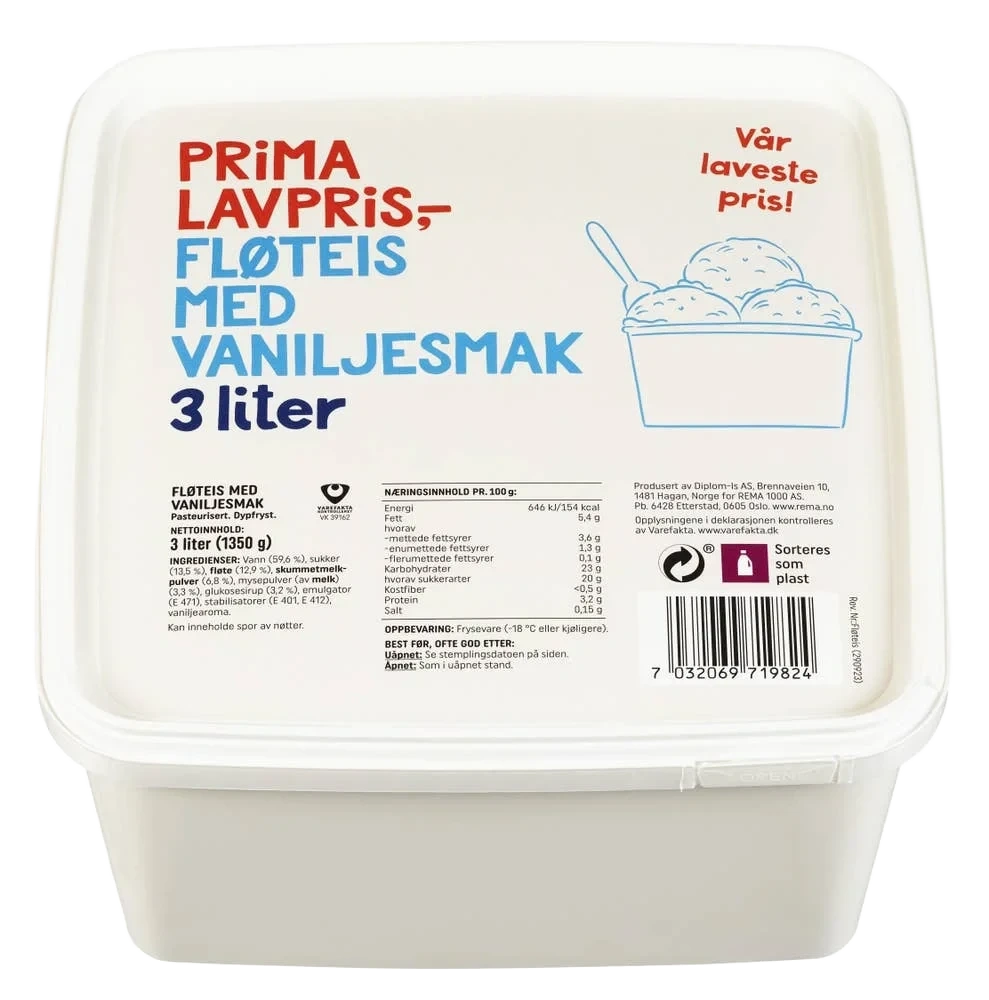 Fløteis med vaniljesmak 3 l