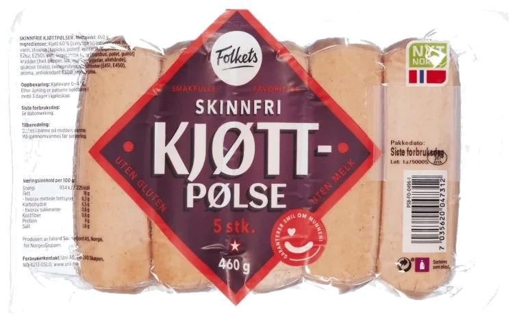 Kjøttpølser Røkte u/Skinn 460g Folkets
