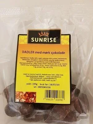 Sunrise Dadler med Lys Sjokolade 170g