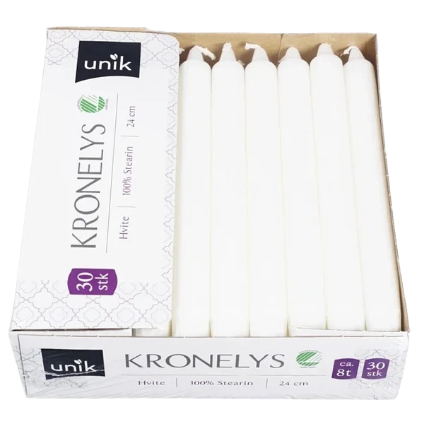 Kronelys Hvit 100% Stearin 24cm 30stk Unik