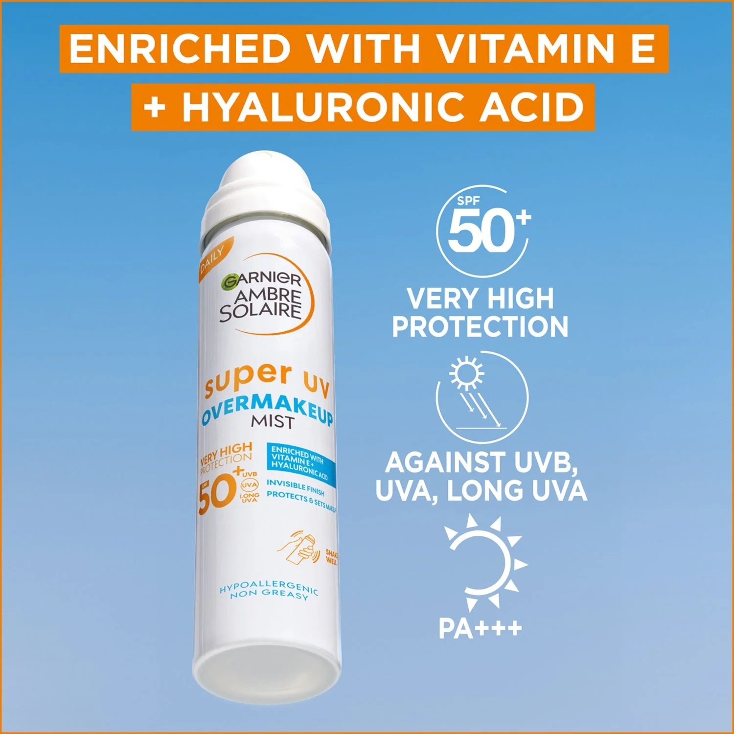 Garnier Ambre Solaire Super UV Over Makeup Protection Mist with Hyaluronic Acid SPF50+