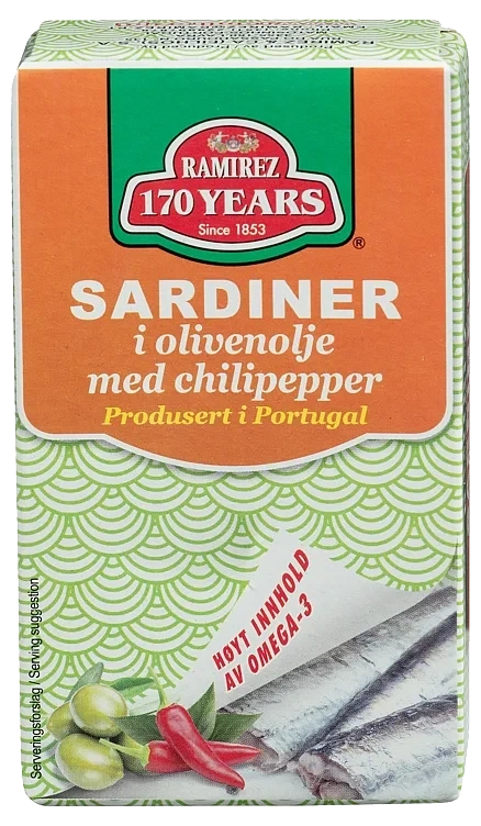 Sardiner i olivivenolje m/chili   124g