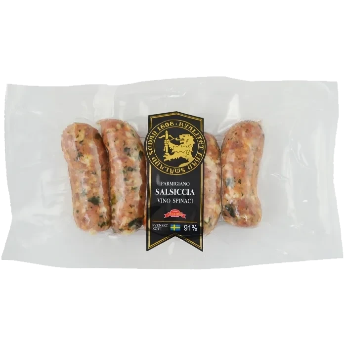 Kryddkorv Salsiccia Spinaci vino parmigiano 91% Kötthalt 230g Hirschmans Charkuteri