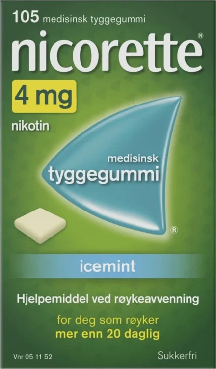 Nicorette Icemint Tyggegummi 4 mg Nikotin, 105 Stk, Slutte Å Røyke