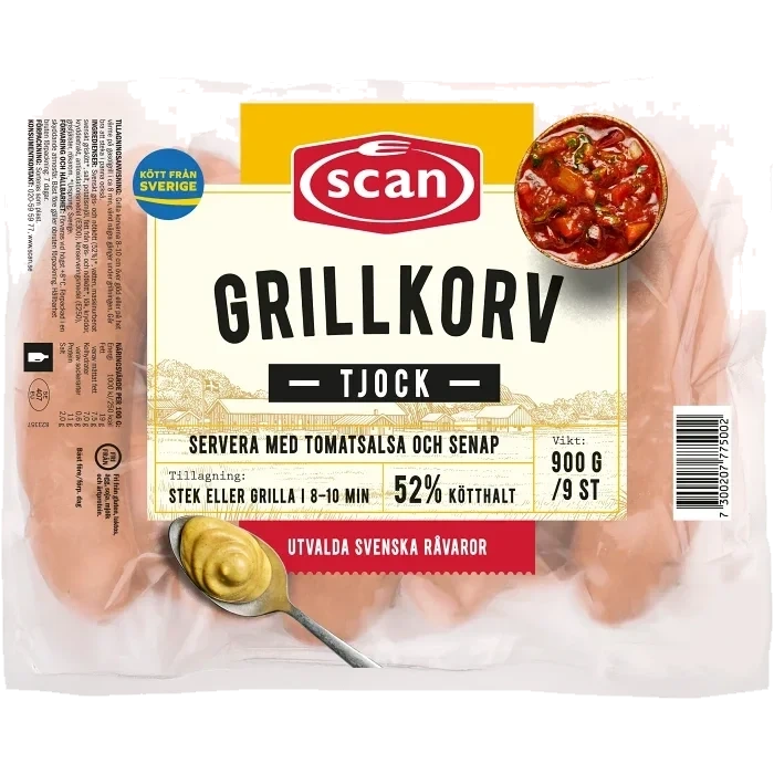 Grillkorv Tjock 52% Kötthalt 900g Scan