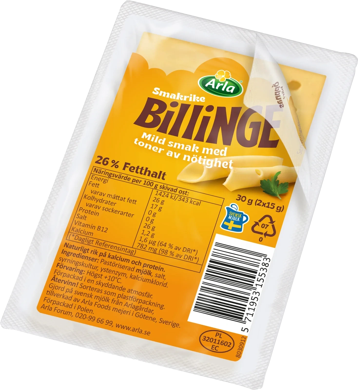 Billinge skivad ost portion 26% 30g