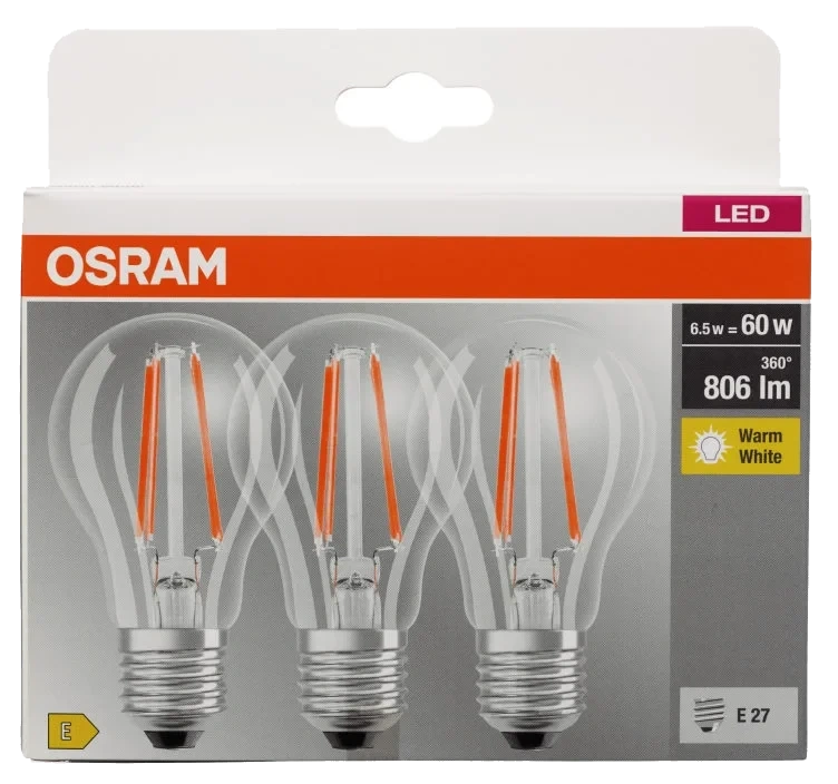 Lyspære Led Cl A 60 Klar E27 3 pakke Osram
