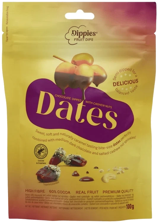 Torkade chokladdoppade dadlar med cashewnötter 100 Gram Sunshine Delights