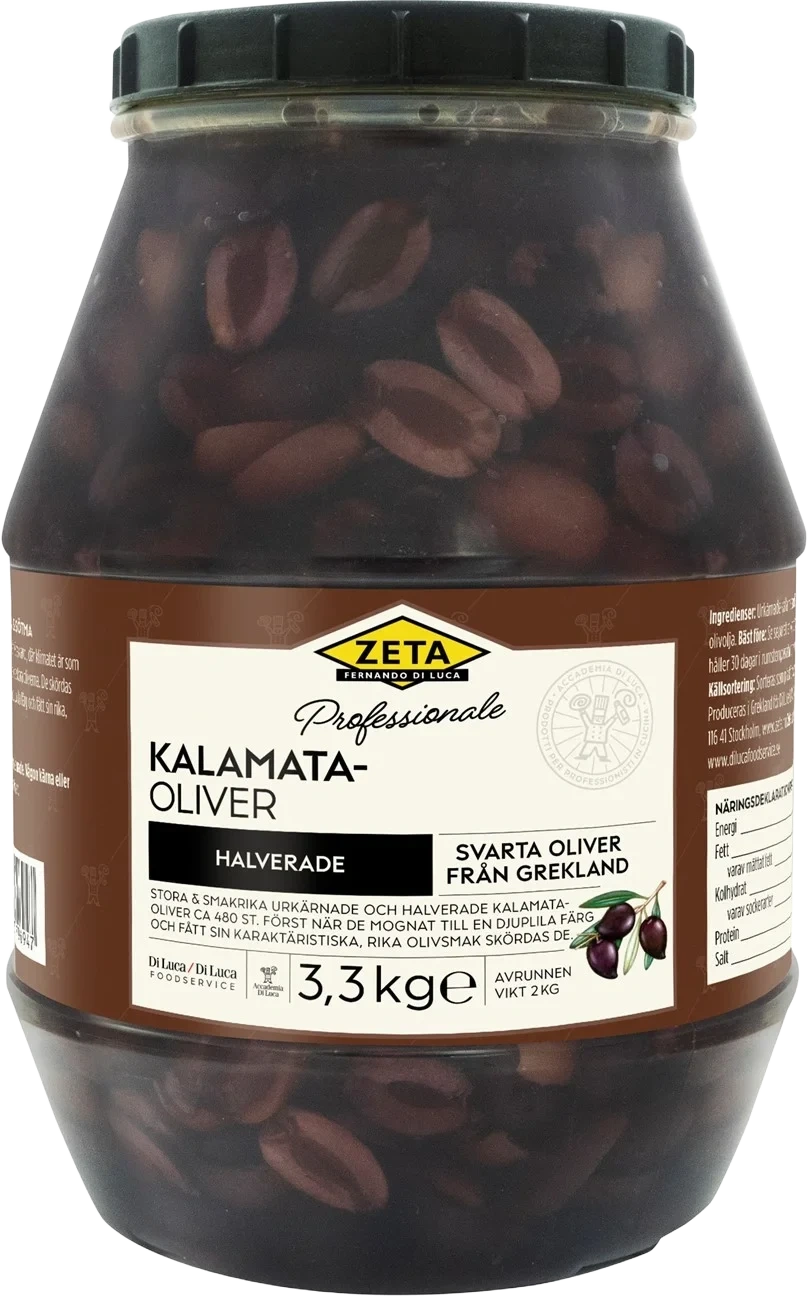 Kalamataoliver urkärnade halverade