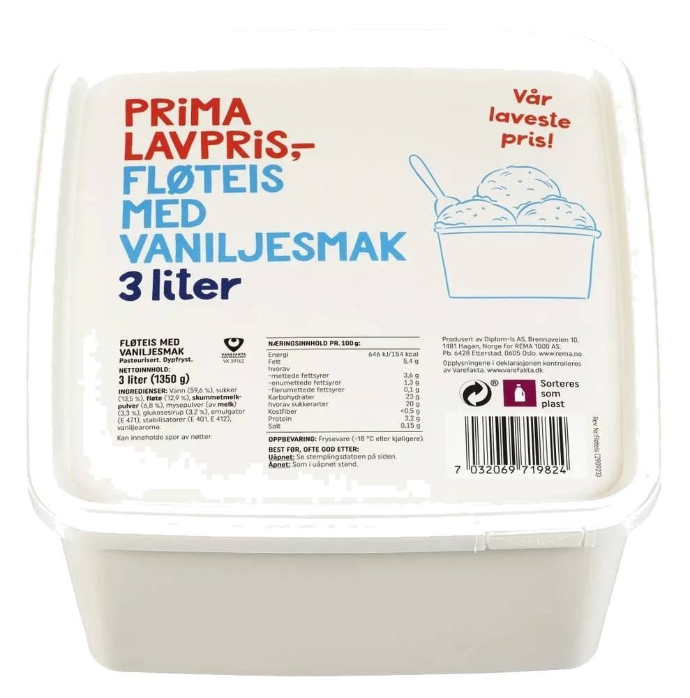 Fløteis med vaniljesmak 3 l