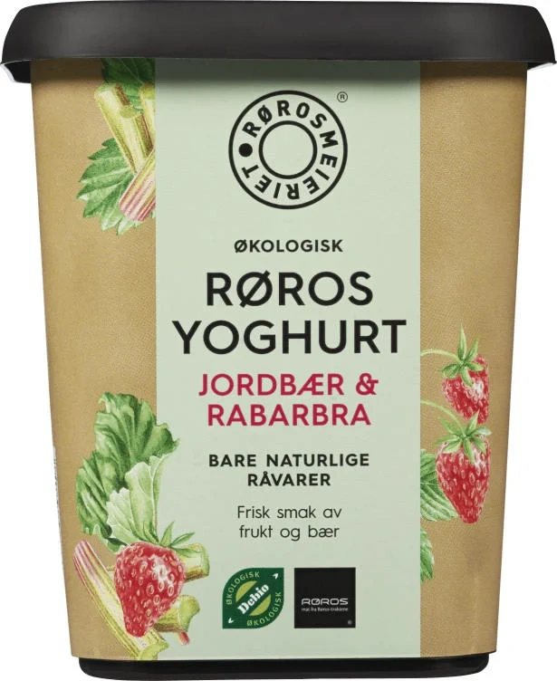 Røros yoghurt jordbær og rabarbra beger, økol. 500g