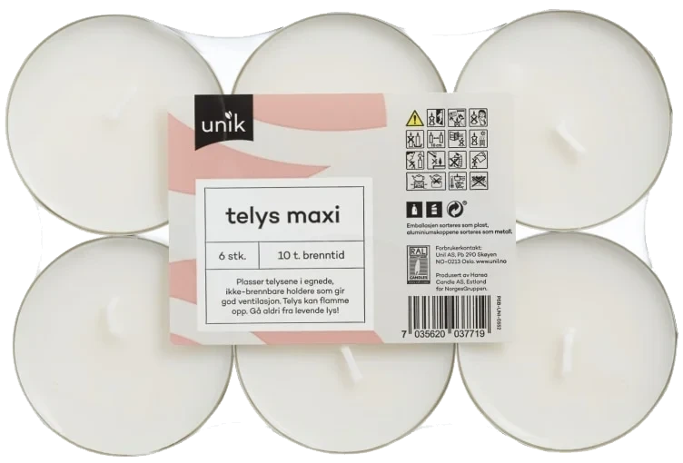 Telys Hvit Store 10t 6stk Unik