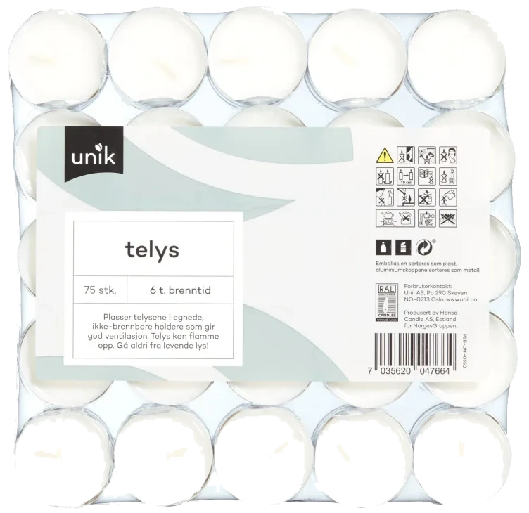 Telys Hvit 6t 75stk Unik