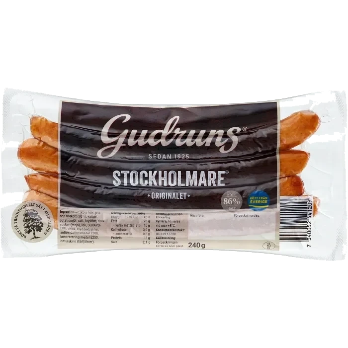 Korv Stockholmare Original Alspånsrökt 86% 4-p 240g Gudruns