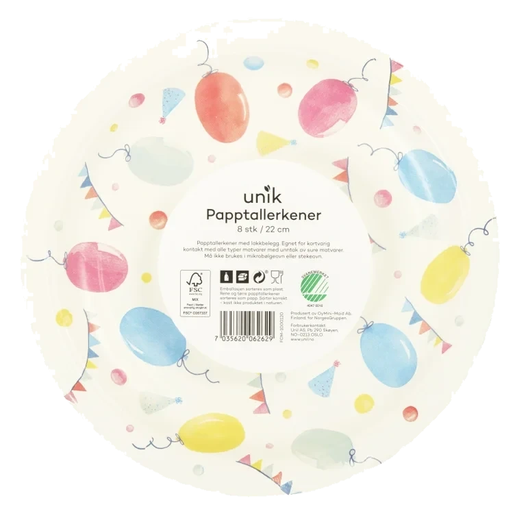 Papptallerken Party 22cm 8stk Unik
