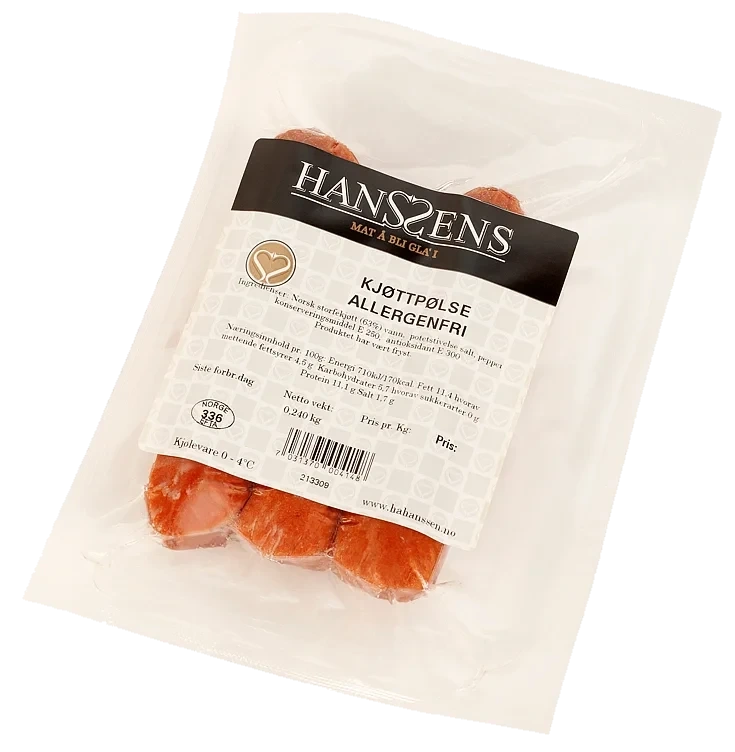 Kjøttpølse Allergenfri u/Skinn 3pk Fr Hanssens