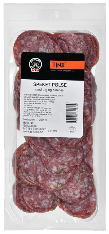 Spekepølse elg og einebær skivet  250g