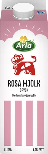 Rosa mjölkdryck med smak av jordgubb