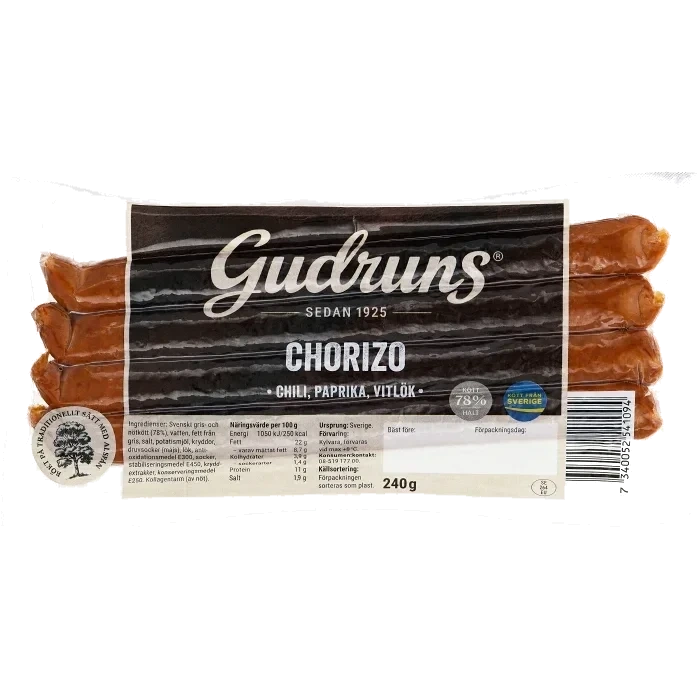 Chorizo Smal 78% Kötthalt 240g Gudruns
