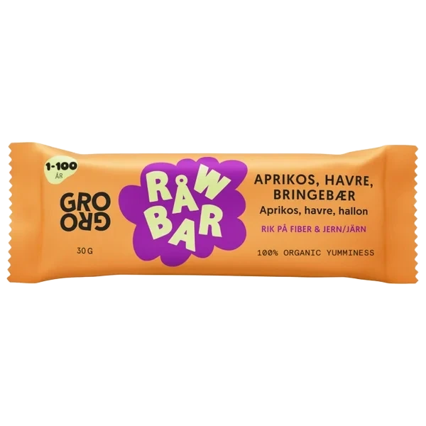 Råwbar Aprikos Havre Bringebær 30g Grogro