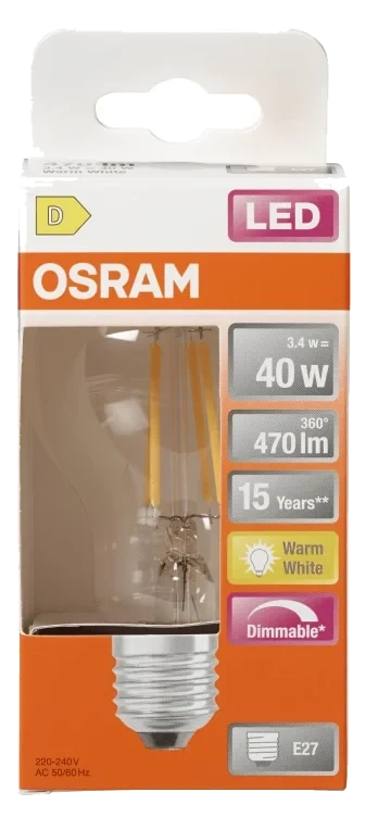 Lyspære Led Cl A 40 Klar Dim 827 E27 Osram