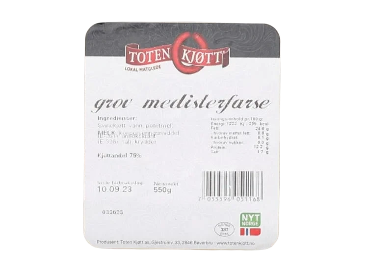 Grov Medisterfarse 550g Toten Kjøtt