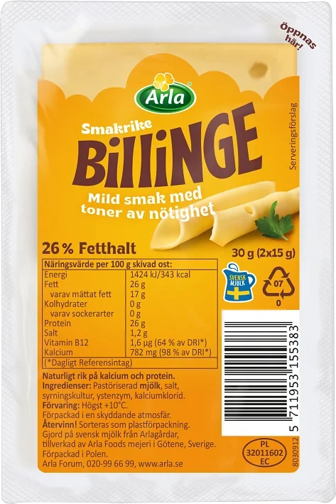 Billinge skivad ost portion 26%