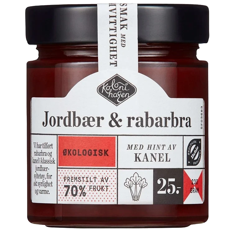 Syltetøy jordbær og rabarbra økol.   230g
