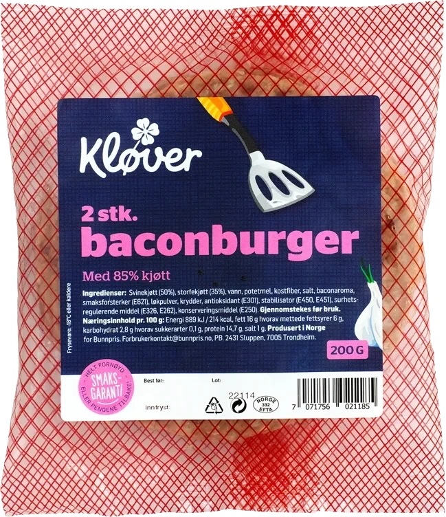 KLØVER BACONBURGER RÅ 85% 2 x 100 g Frys