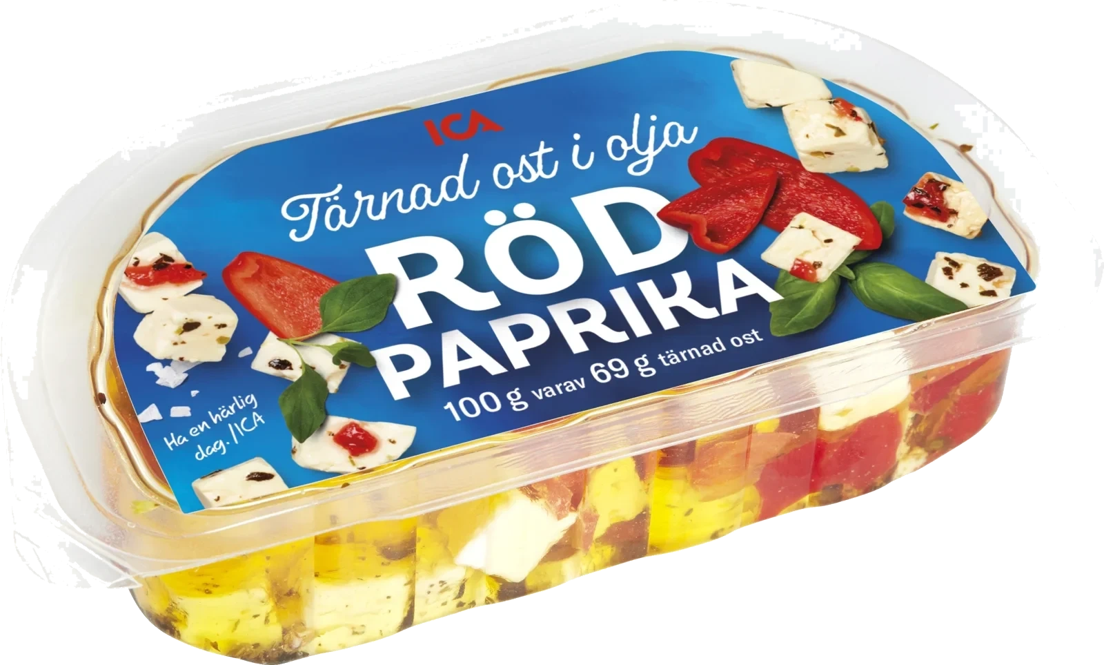 Tärnad ost i olja med röd paprika