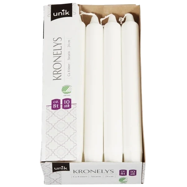 Kronelys Hvit 24cm 10stk Unik