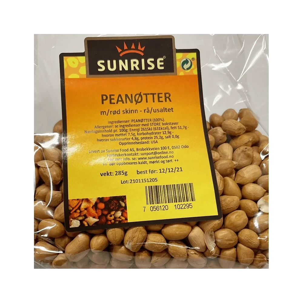 Sunrise Peanøtter Rå Usaltet Rød med Skinn 250g