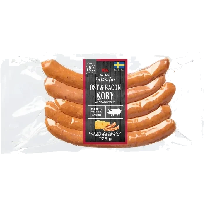 Grillkorv Ost och Bacon Extra Fin 78% Kötthalt 225g ICA