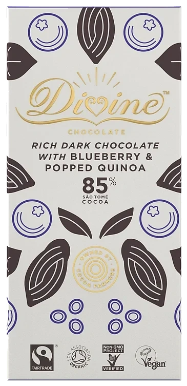 Dark chocolate 85% w/blueberry & pop. quinoa,økol. 80g