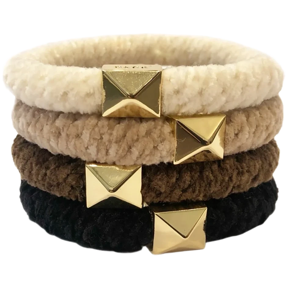 Dark Fluffy Fat Hair Tie 4 Pk W/Gold