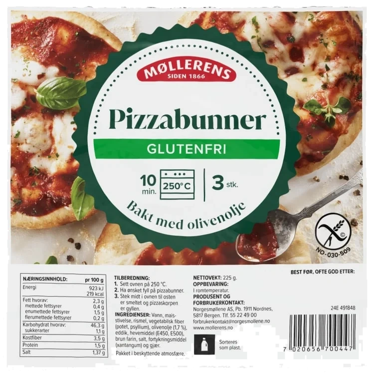 Pizzabunner Mini glutenfri 3stk 225g Møllerens