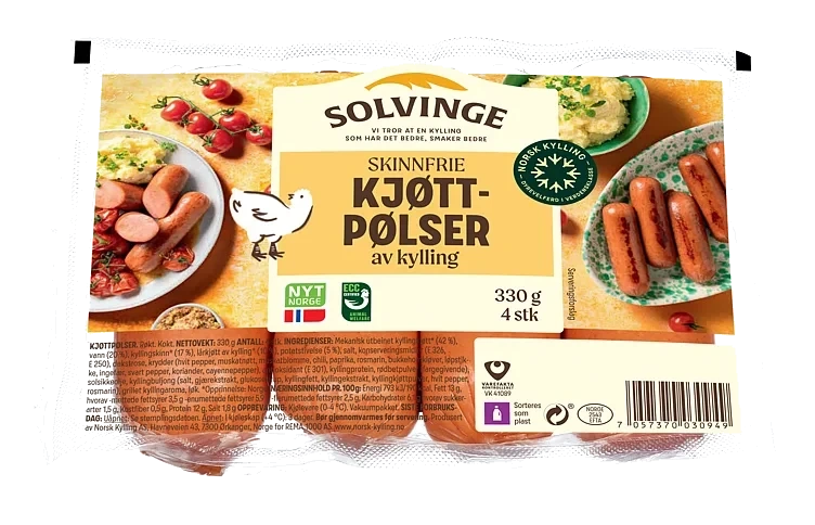 Middagspølse av kylling skinnfri   330g