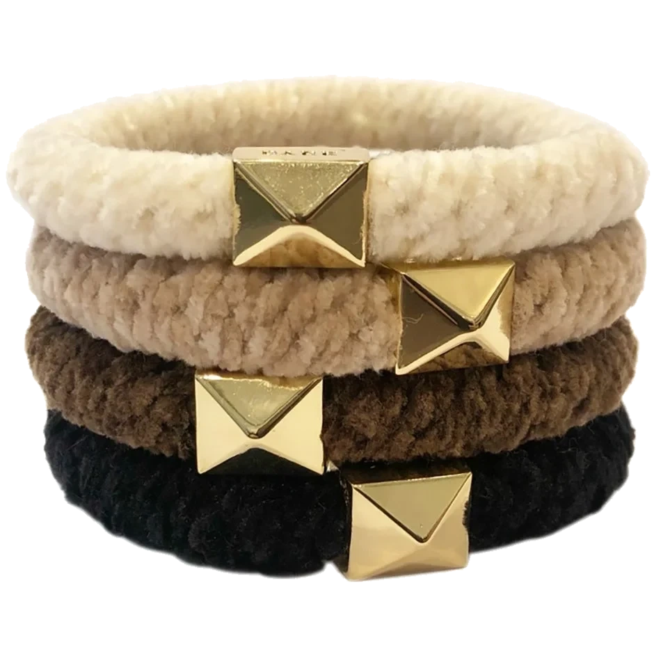 Dark Fluffy Fat Hair Tie 4 Pk W/Gold