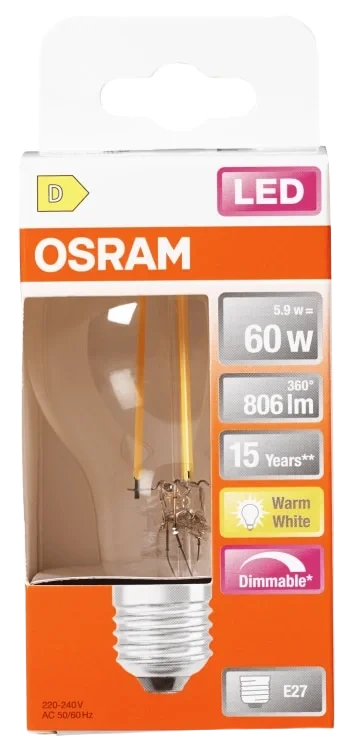 Lyspære Led Cl A 60 Klar Dim 827 E27 Osram