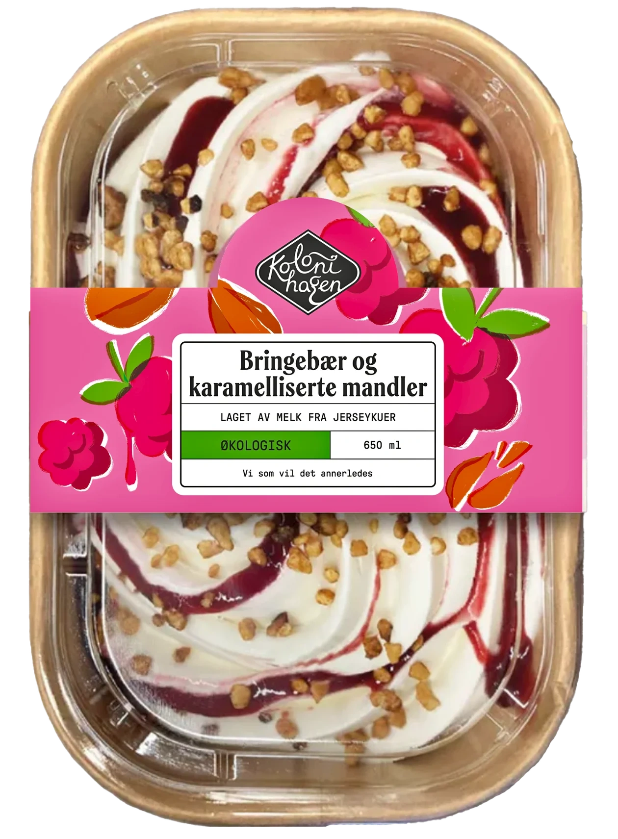 Bringebær og karamelliserte mandler is