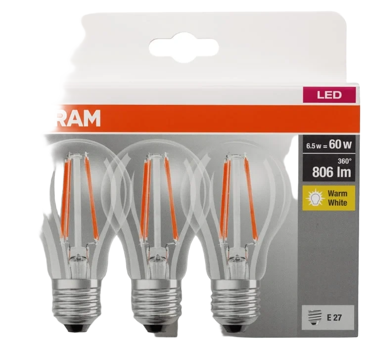 Lyspære Led Cl A 60 Klar E27 3 pakke Osram