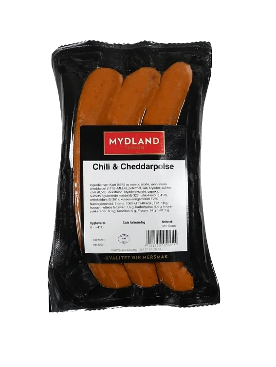 Cheddar og Chilipølse 3pk 310g Mydland
