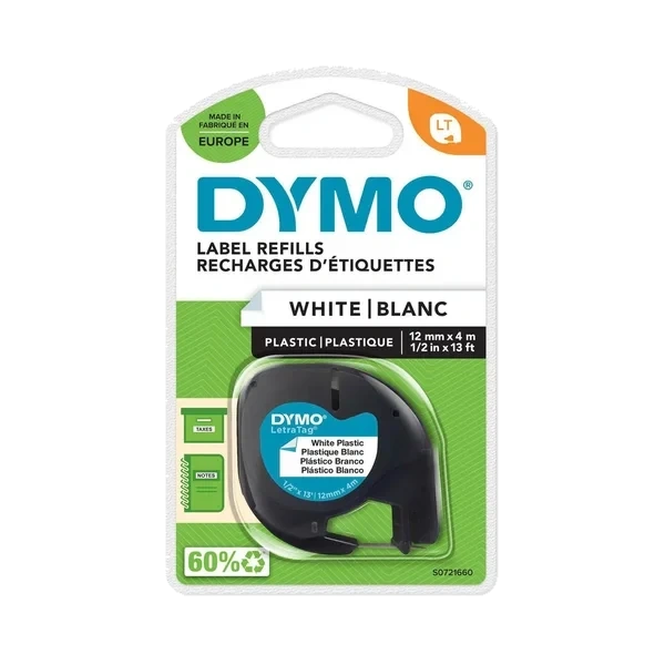 Tape Dymo Letratag 12mm Plast Sort/ Hvit