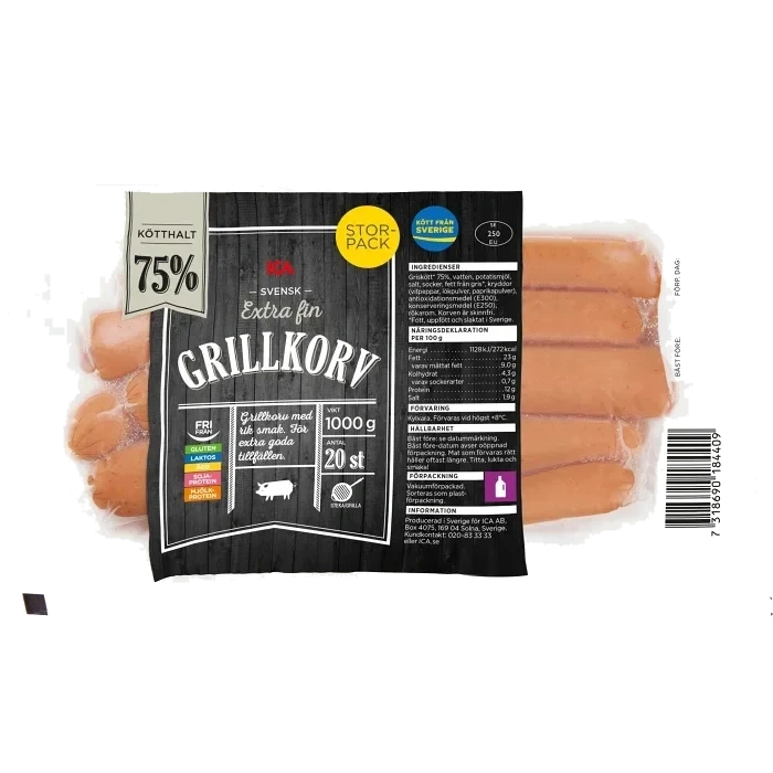 Grillkorv Extra fin 75% Kötthalt 1kg ICA