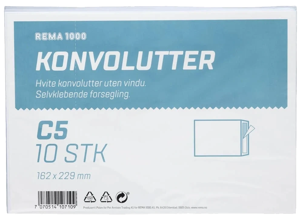 Konvolutter C5 Hvit, 10 stk
