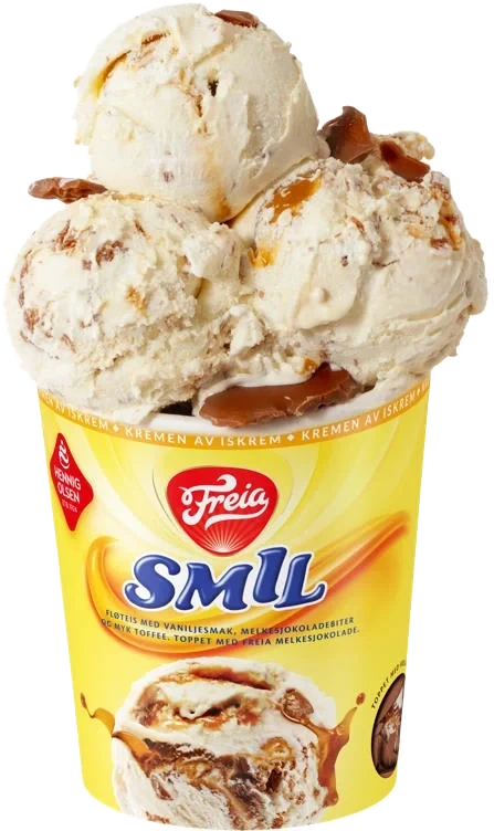 Freia Smil Fløteis med Vaniljesmak, Melkesjokoladebiter og Toffeesaus Beger 450ml