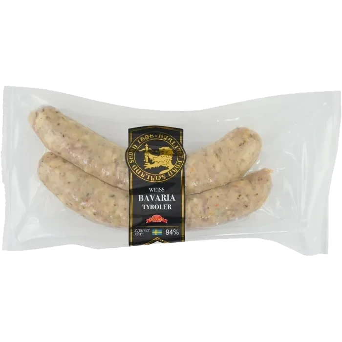 Kryddkorv Vit Rostbratwurst Bavaria Tyroler 94% Kötthalt 230g Hirschmans Charkuteri