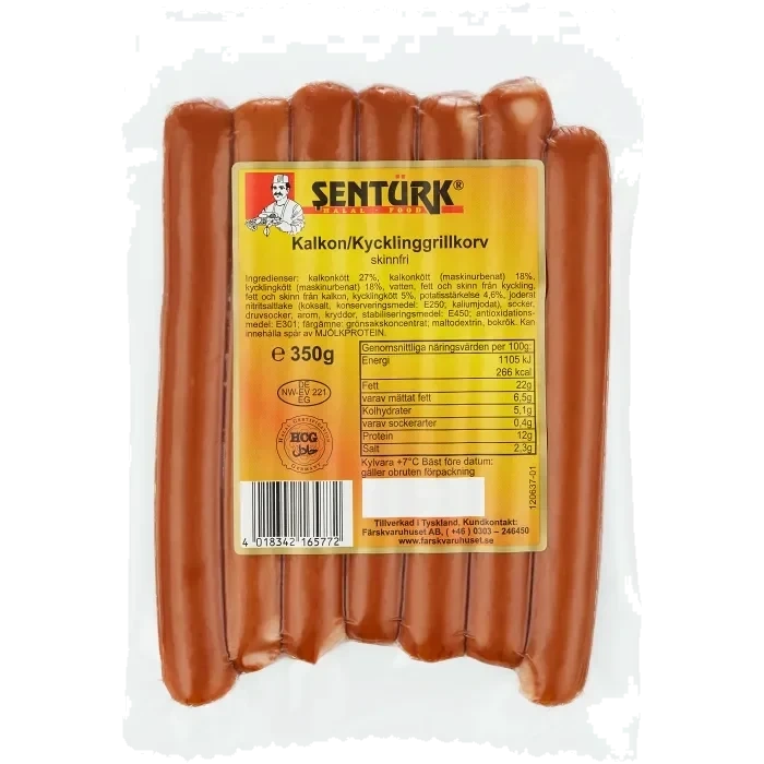 Kalkon Kycklinggrillkorv skinnfri 350g Sentürk