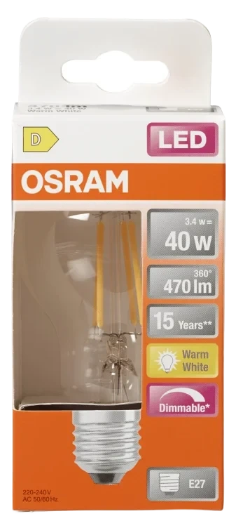 Lyspære Led Cl A 40 Klar Dim 827 E27 Osram
